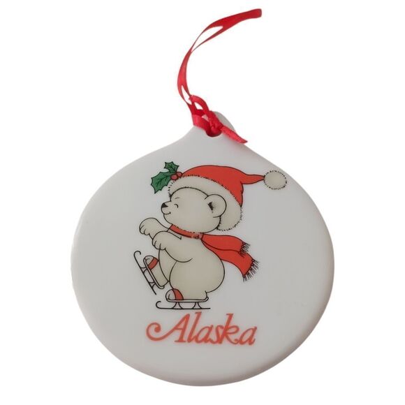 Vintage ALASKA Ceramic Ornament Christmas Porcelain Ice Skating Bear Round 90s. - Picture 8 of 13